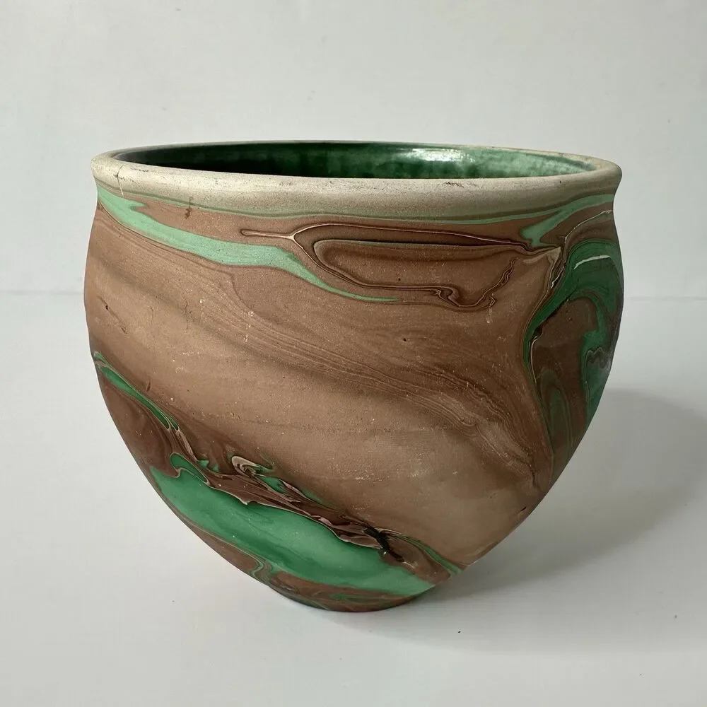 Art Pottery Planter Marked Yosemite National Park Vase Green Brown Swirl 4